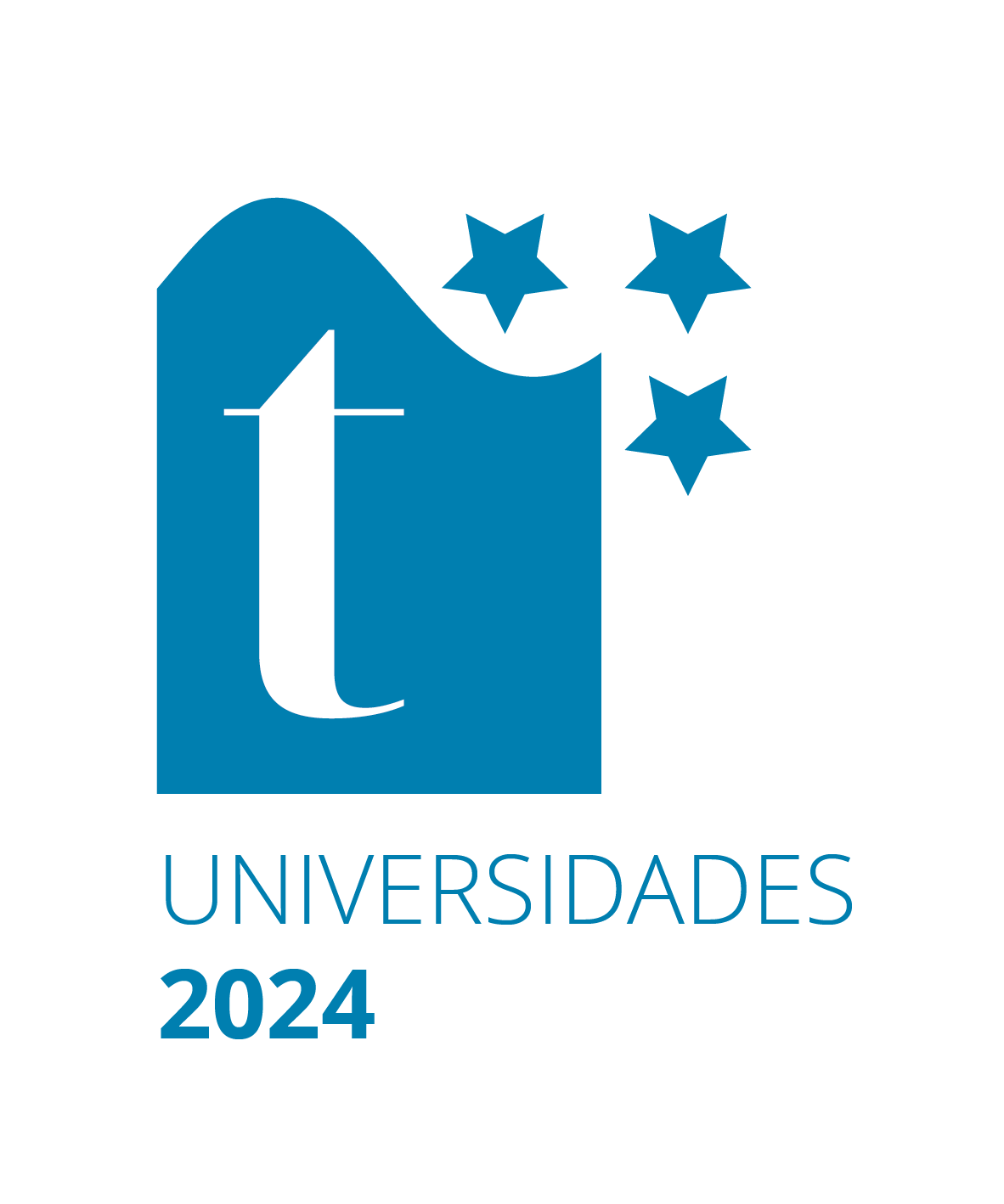 Logotipo de una t sobre un fondo azul con 3 estrellas